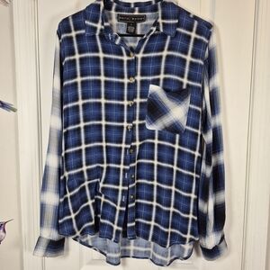 Polly & Esther Soft Blue Plaid Flannel Rayon Button-Up Shirt - Size L